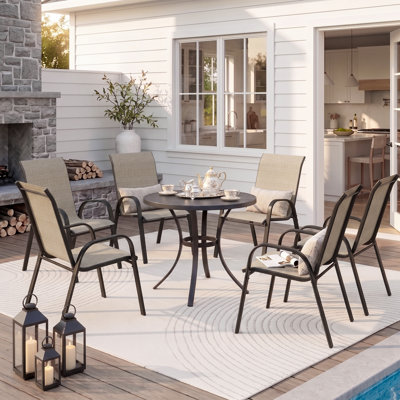 37.8" H Outdoor Khaki Stackable Patio Dining Armchairs with Breathable Textilene Fabric and Iron Frame