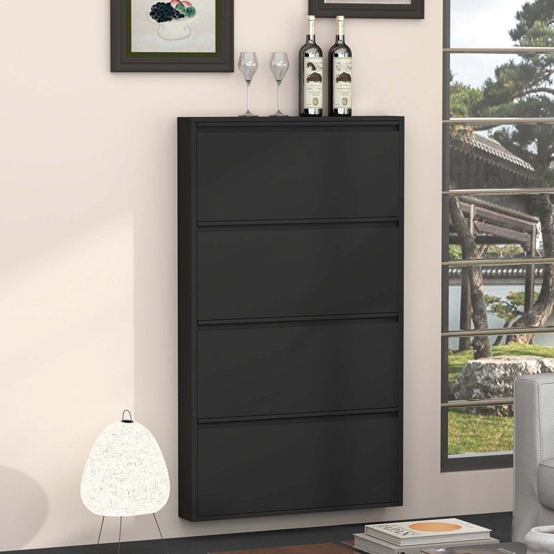 Armoire à chaussures murale en métal avec tiroirs rabattables et conception peu encombrante, Noir