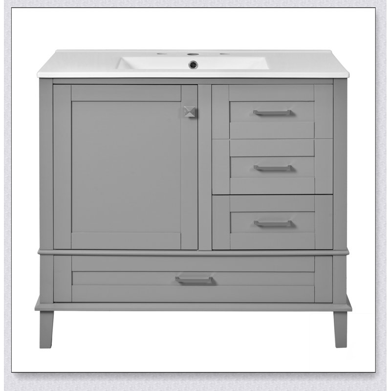 Meuble-lavabo moderne de 36 po avec cadre en pin massif, 1 porte à fermeture douce et 3 tiroirs (la même série que WF321698)