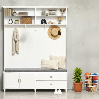 Arbre d'entrée multifonctionnel: intègre des étagères ouvertes, des armoires de rangement, des portemanteaux et des bancs de rangement, offrant une solution unique pour l'organisation du hall d'entrée.