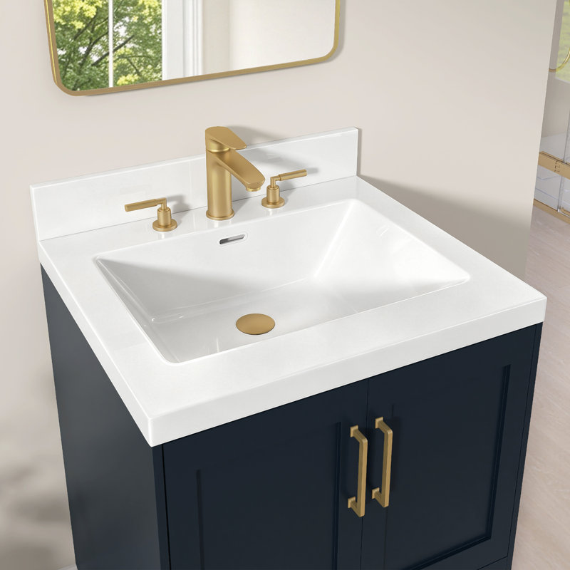 Plan de toilette en surface solide de 61 cm (L) x 53 cm (P) avec lavabo central intégré, dosseret de 9 cm, robinet à 3 trous et entraxe de 20 cm.