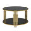 Table basse moderne à plateau miroir noir, table de salon avec base cylindrique circulaire en métal et tablette inférieure