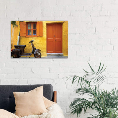 Greece, Rhodes. Vespa Motorbike And Colourful House Exterior - No Frame Print on Canvas