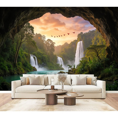 Papier peint adhésif à motif de chutes d'eau tropicales, vue de la grotte, rivière turquoise, murales, 69 po x l 96 po, amovible, papier peint mural auto-adhésif pour chambre à coucher, bureau à domicile