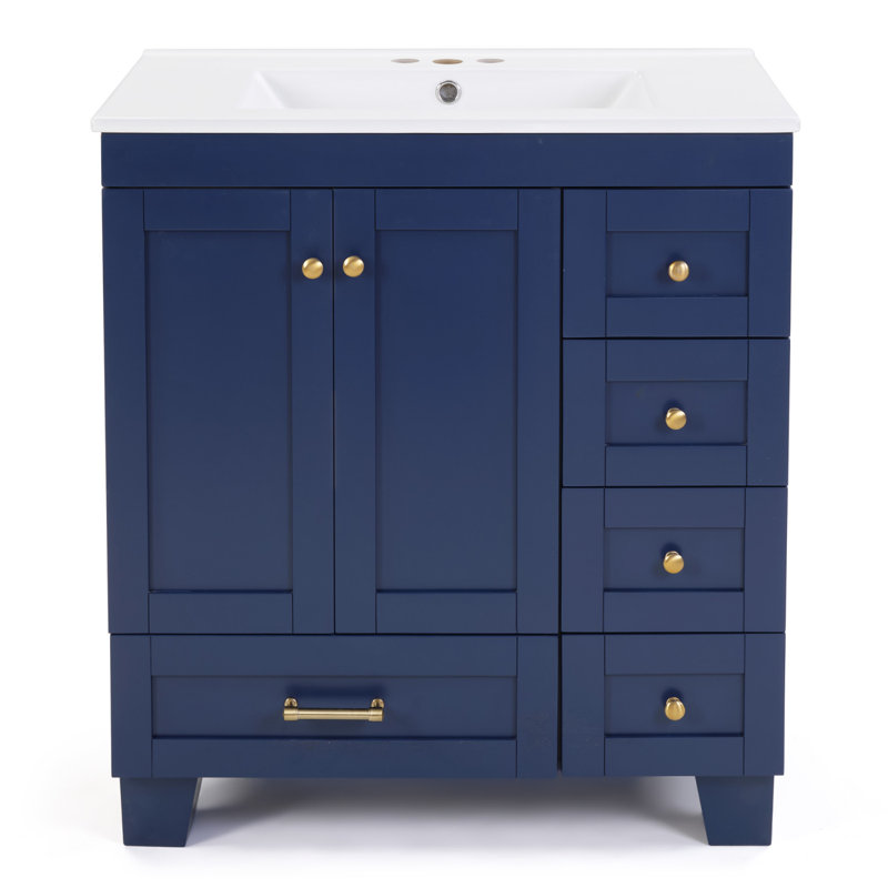 30" Bathroom Vanity with Ceramic Sink, Soft-Close Drawers, Solid Wood Frame, Blue/Gold