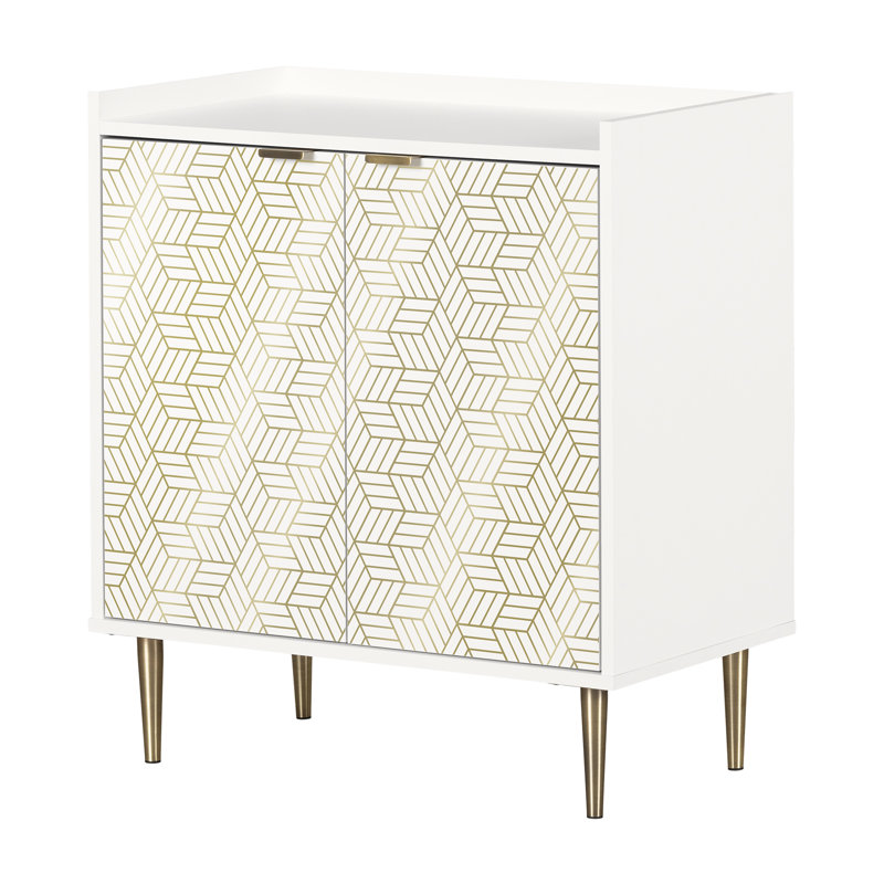 White and Gold Mid-Century Modern 2-Door Storage Cabinet