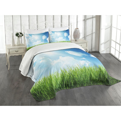 Ambesonne Sky Bedspread Set  Sunny Day Grass Clouds  Blue Green White -  bed_48486_king