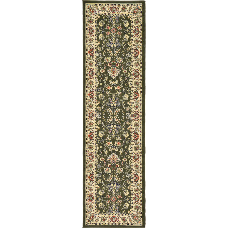 Tapis vert à motif floral Hanan, Vert, Tapis de couloir 2 pi x 6 pi 1 po