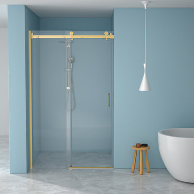 48" X 76" Single Sliding Shower Door Gold Stainless Steel Frame 8Mm Clear Tempered Glass | Gift Idea