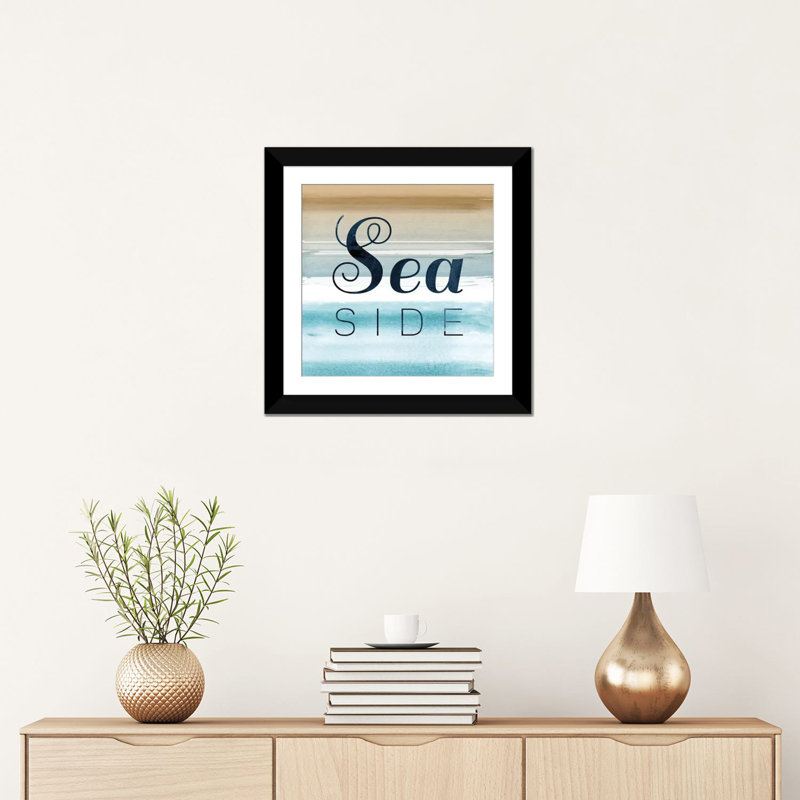 «Seaside», art textuel sur toile, H 26 po x l 26 po x P 1,5 po, Toile encadrée noire, Blanc