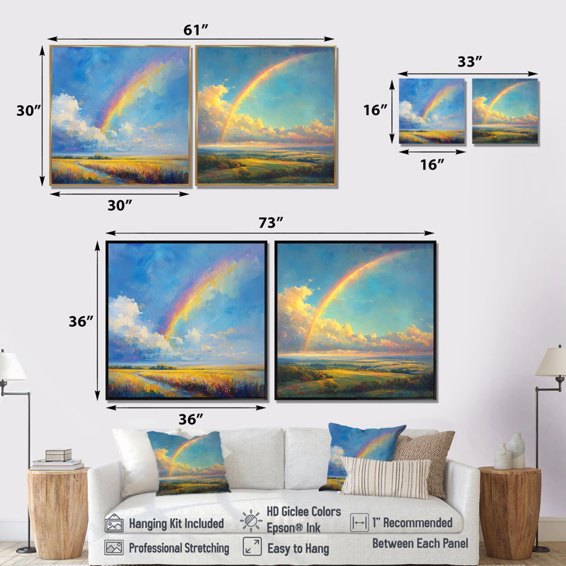 «Rainbow After The Rain I» - art mural arc-en-ciel - ensemble d'art mural traditionnel 2 pièces, H 30 po x l 61 po, Blanc