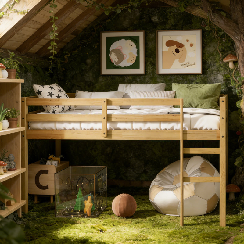 Lit mezzanine bas simple en bois massif avec échelle, Naturel