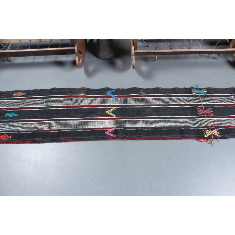 Handwoven Vintage Black Turkish Kilim Runner for Home and Corridor Decor Made of Wool in Traditional Turkish Rug Style