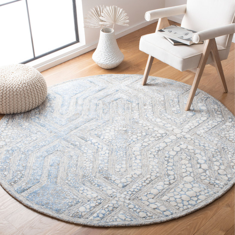 Tapis bleu / blanc en laine / viscose touffeté à la main Restoration, Rond 6 pi