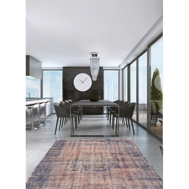 Tapis bleu foncé en laine noué à la main de conception unique de style années 2000 7 pi 7 po x 11 pi Olari