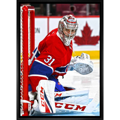Carey Price Montreal Canadiens On-Post Save - Framed Canvas Hockey Wall Art, 20x29 NHL Man Cave Decor