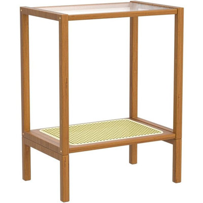 Mid-century Modern Rattan Side Table, Narrow 2-tier End Table, Bamboo