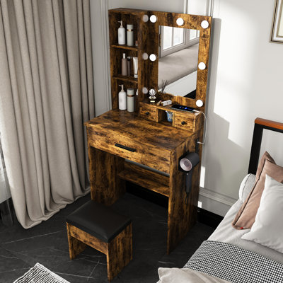 Meuble-lavabo rétro avec lumières à DEL réglables, prise de courant, support pour sèche-cheveux et tabouret assorti - une commode compacte pour les petites chambres, comprend 1 grand 2 tiroirs, une étagère de rangement ouverte pour les cosmétiques,