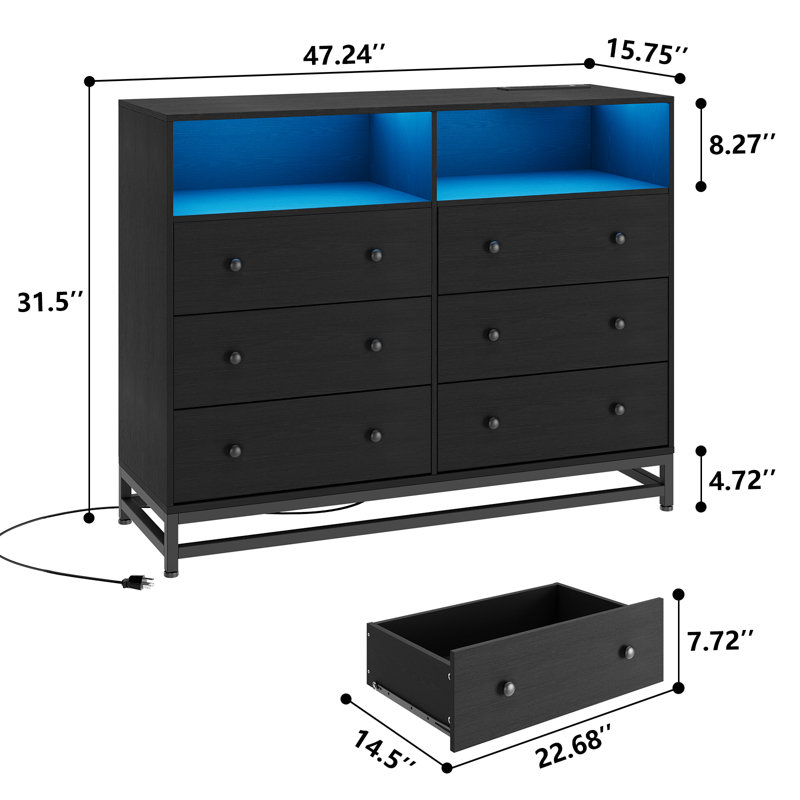 6 Drawer Double Dresser With Power Outlet & Led Light, Wood Dresser, 47.2''W×15.8''D×31.5'', Black