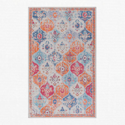 Machine Washable Area Rug Cream Chenille Non Slip Low Pile Stain Resistant Boho 5' x 8'