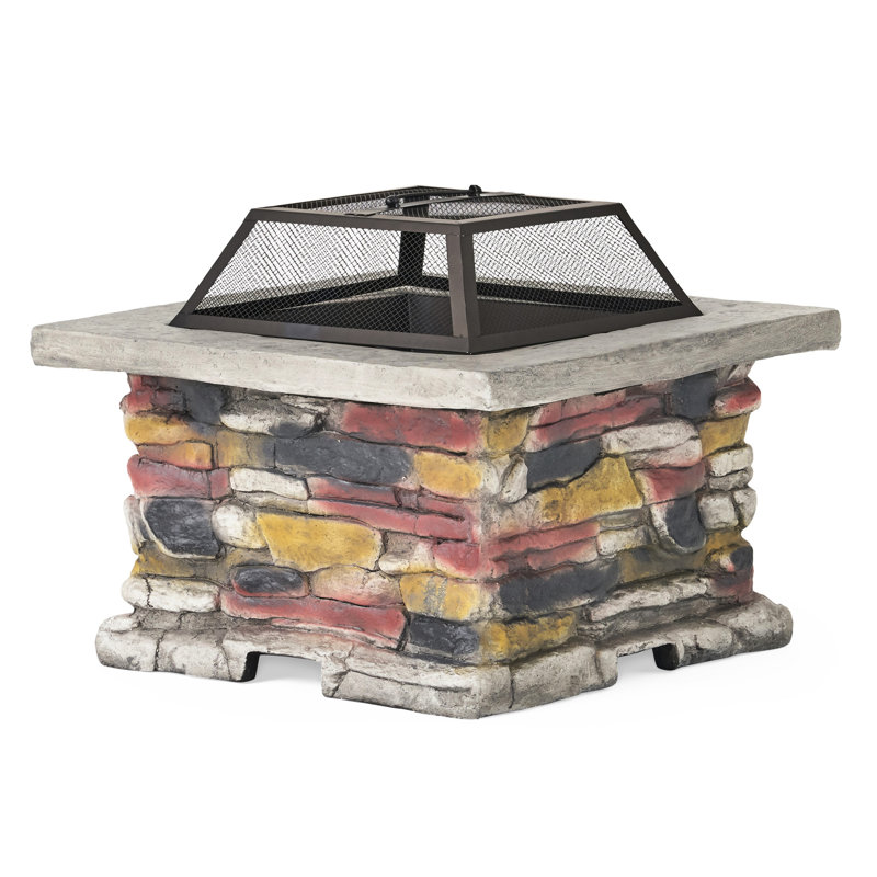 28" Concrete Outdoor Fire Pit Table With Lid In Stone Gray. Create A Cozy Atmosphere. Elegant Matte Steel, Charming Flames. Heat Iron Bowl, Fiberglass Reinforced Cement Base. Mesh Cover And Included.