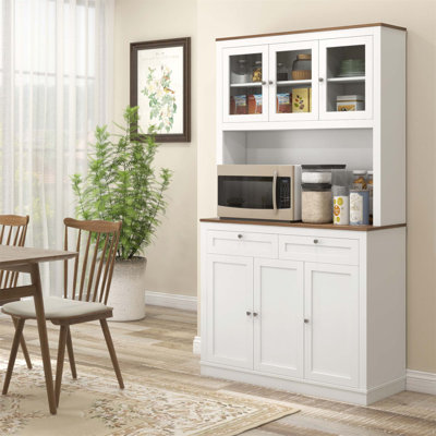 71 Inch Tall Kitchen Pantry Storage Cabinet with Microwave Stand, Freestanding Buffet with Hutch, 2 Drawers, 5 Doors, Adjustable Shelves, and Glass Do by Hokku Designs