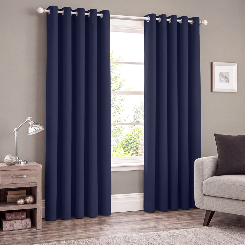 Premium 230 GSM 100% Blackout Eyelet Room Darkening Curtain Pair, 168 W x 137 D cm, Navy Blue