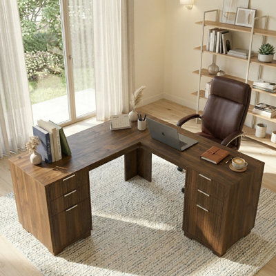 Bureau de direction en L 59 po avec tiroirs de rangement - Poste de travail d'angle transitionnel moderne pour bureau à domicile