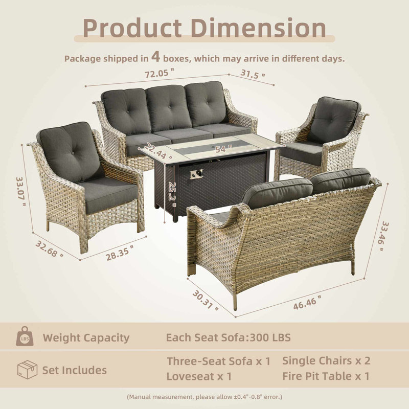 5 Pieces Patio Furniture Set With 54" Fire Pit Table, Outdoor Wicker Sofa With Comfy Cushions High Back Couch Conversation Set
