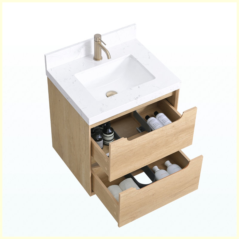 Ensemble de meuble-lavabo mural simple flottant 24 po, comptoir blanc avec tiroirs à fermeture en douceur et tablette de rangement 24 po