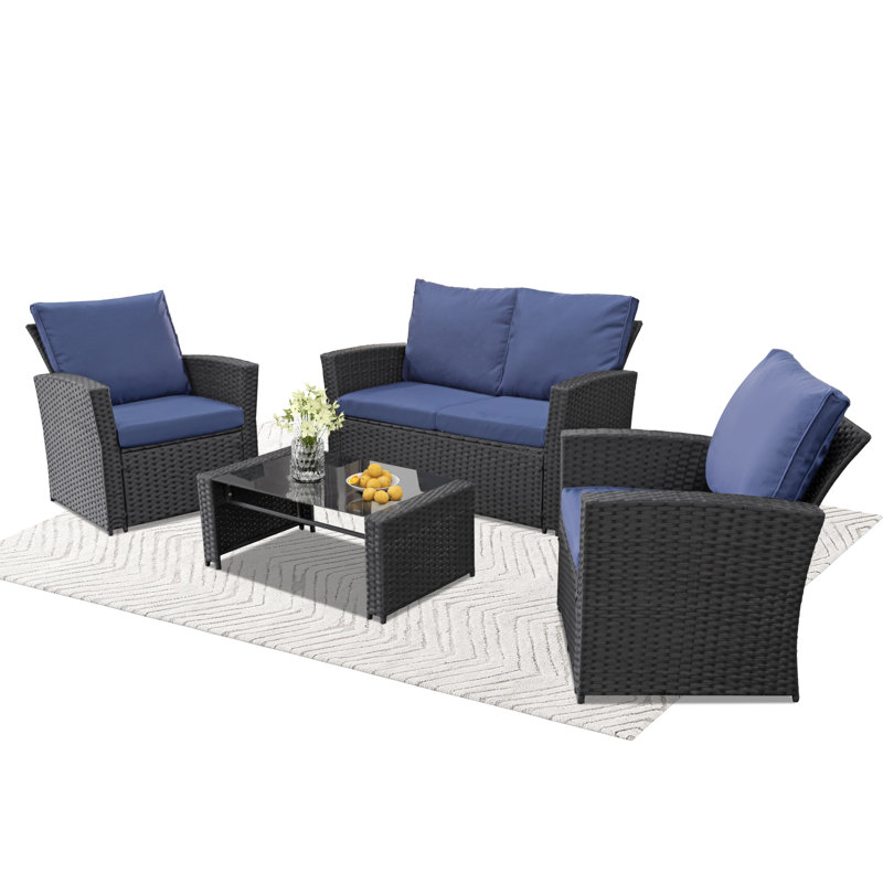 4 Piece Outdoor Patio Furniture Set,Wicker Conversation Sets Outdoor Sectional Patio Sofa Couch With Cushions & Coffee Table For Outside