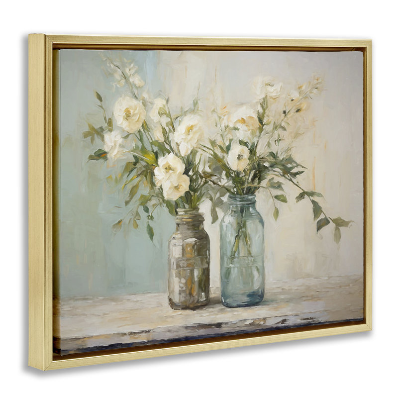 «Mason Jar Bouquet» par Ramona Murdock, Cadre flottant métallique doré, H 17 po x l 21 po