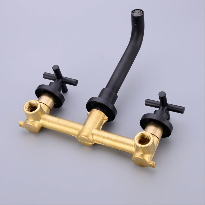 Bathroom Sink Faucet Wall Mounted With Dual Handles And Pop - Up Drain  No Overflow , Matte Black Finish, Smooth Aerated Water, Design Rust Color,