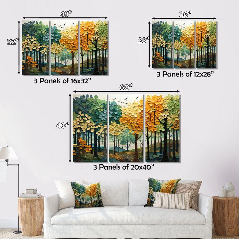 «Orange Green Trees Canopy Patchwork III», reproduction sur toile flottante, H 16 po x l 32 po x P 1 po, Argent argent