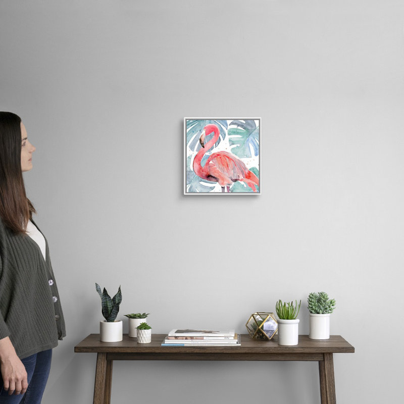 «Flamingo Splash II», art mural sur toile, Toile avec cadre blanc, H 14 po x l 14 po