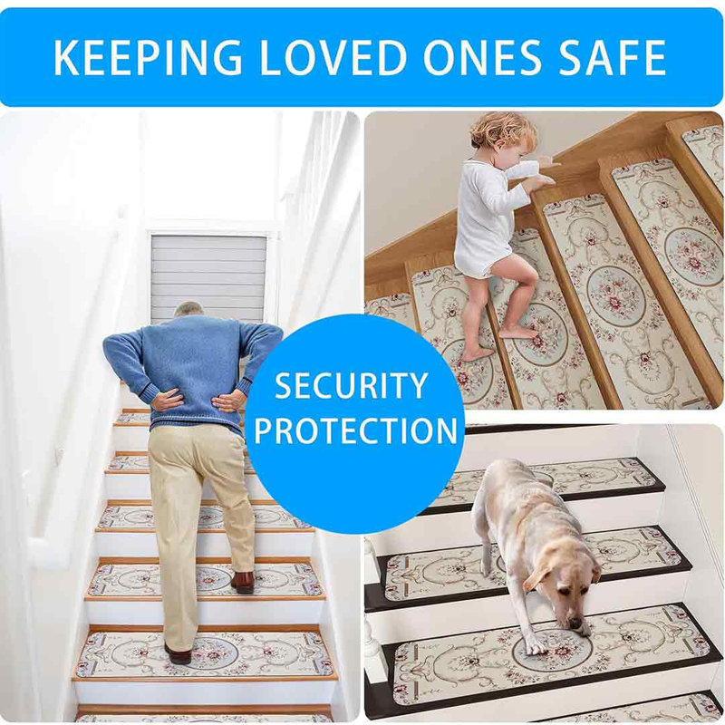 Boho Beige and Blue Rubber Carpet Stair Treads for Wooden Steps