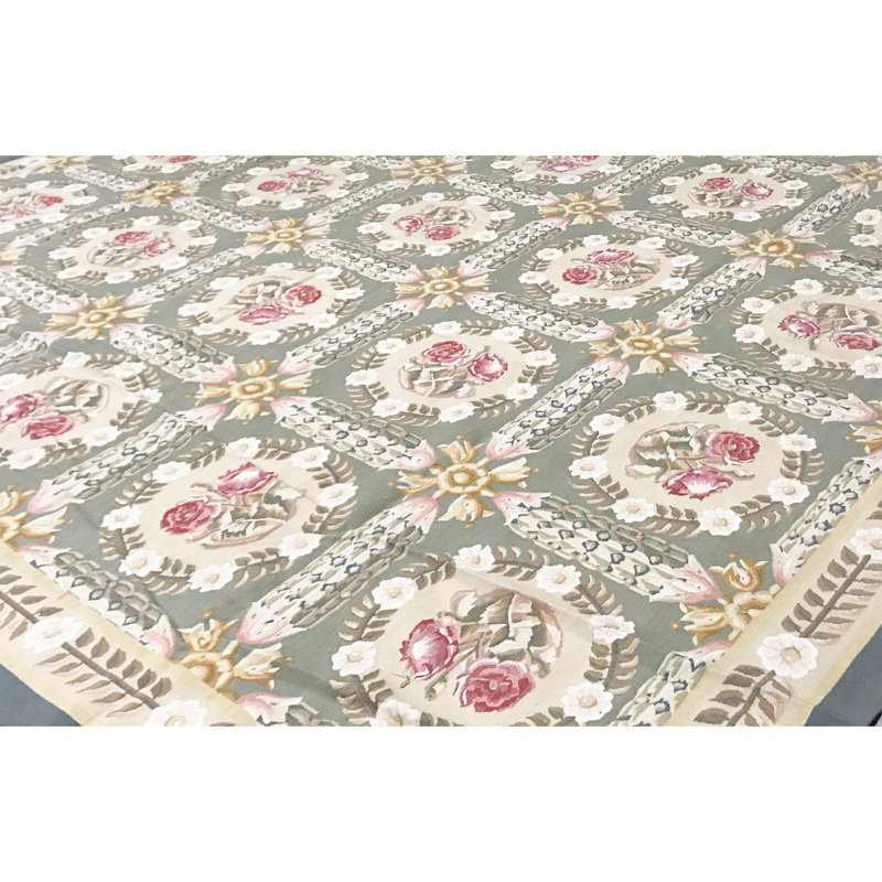 Tapis vert et beige noué à la main de haute qualité