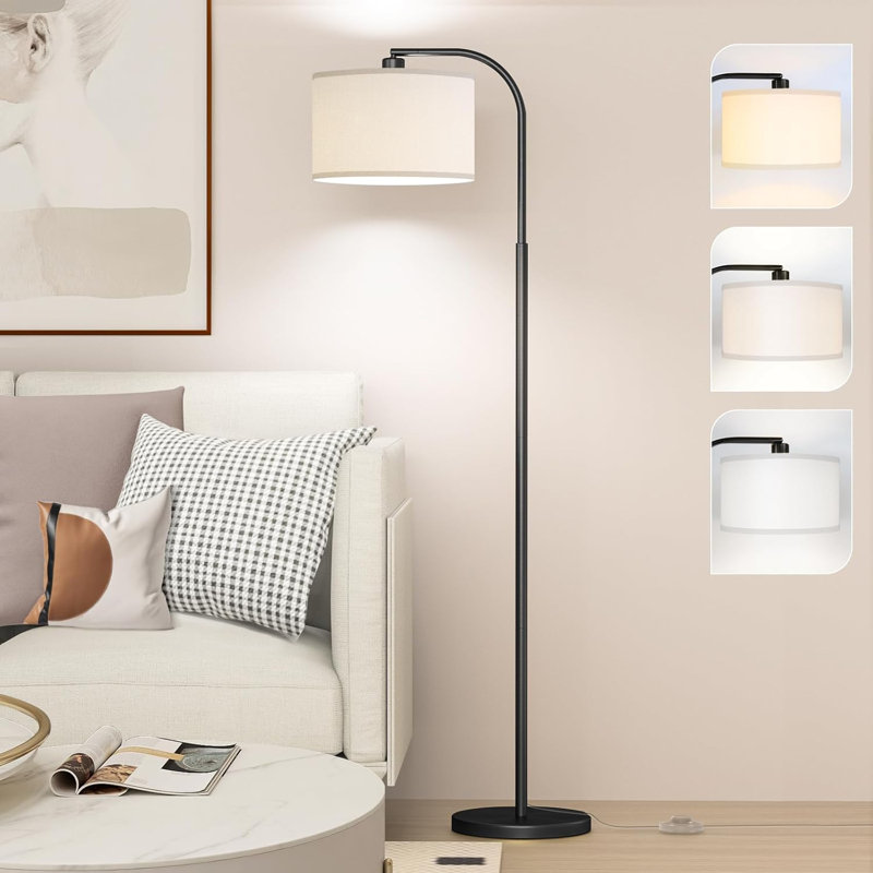Modern Arc Floor Lamp With Adjustable Shade, 3 Color Temps & Heavy Base For Living Room, Bedroom, Office