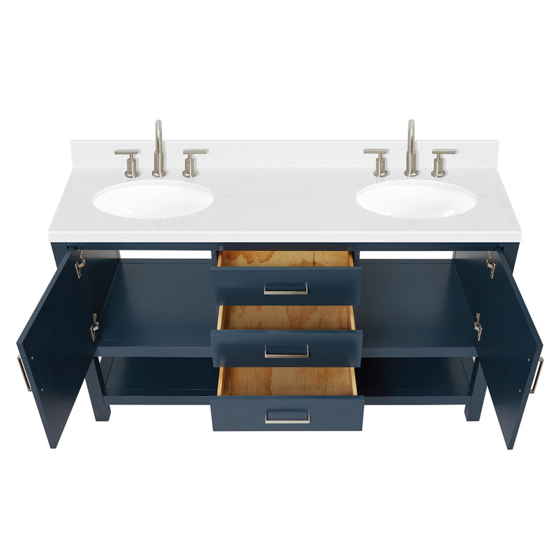 Meuble-lavabo double autoportant 60 po avec plateau en quartz Abby, Bleu minuit