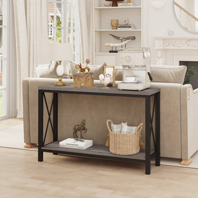 Console de 47,24 po Aust, table de canapé en bois et métal pour le salon, table d'entrée industrielle à 2 niveaux pour le couloir, le vestibule, la porte d'entrée et l'entrée (chêne rustique)