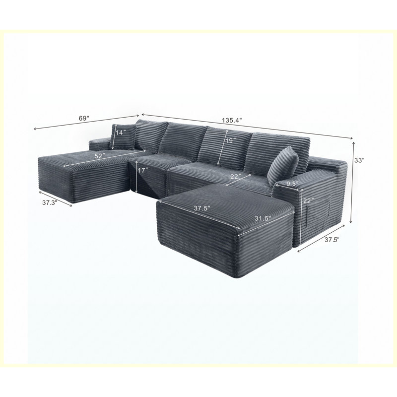 Canapé modulaire rembourré avec coussins Corduroy, Grey