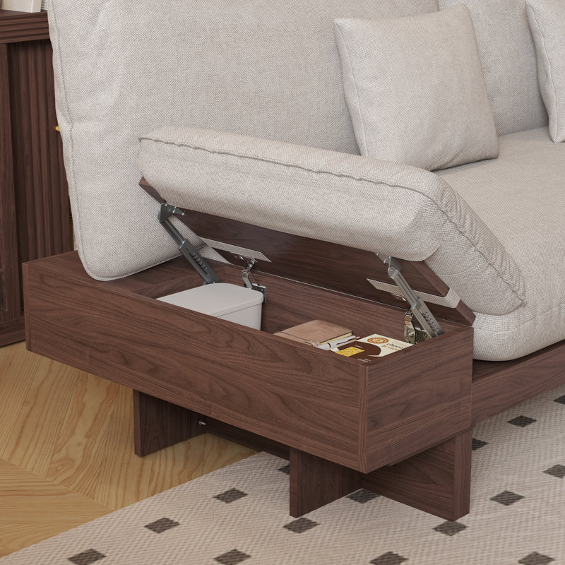 Grimpante 3-Seater Cotton Linen Upholstered Sofa with Storage Armrest Wooden Frame, Dark Brown Wood