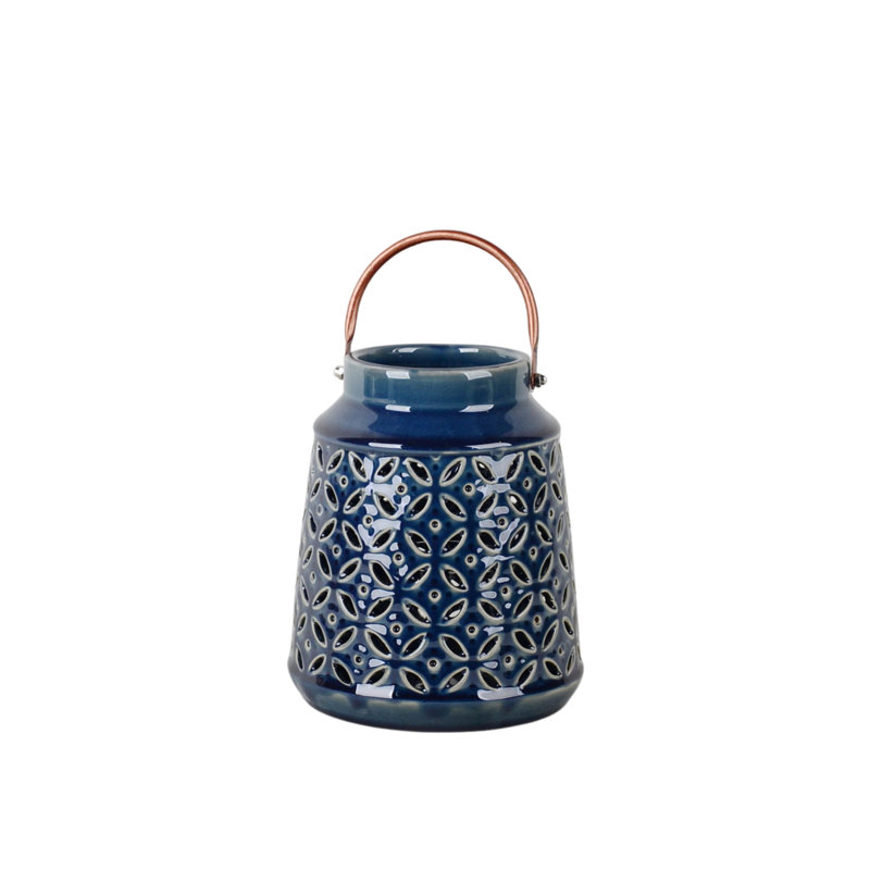 7.09" Tall Hand-Painted Ceramic Round Candleholder with Handle in Dusty Blue "Tatyana"