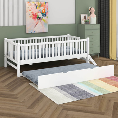 Twin Size Wood Platform Bed With Guardrail And Trundle, Kids Bed With Ladder For Bedroom, Kids Montessori Style Bed Frame