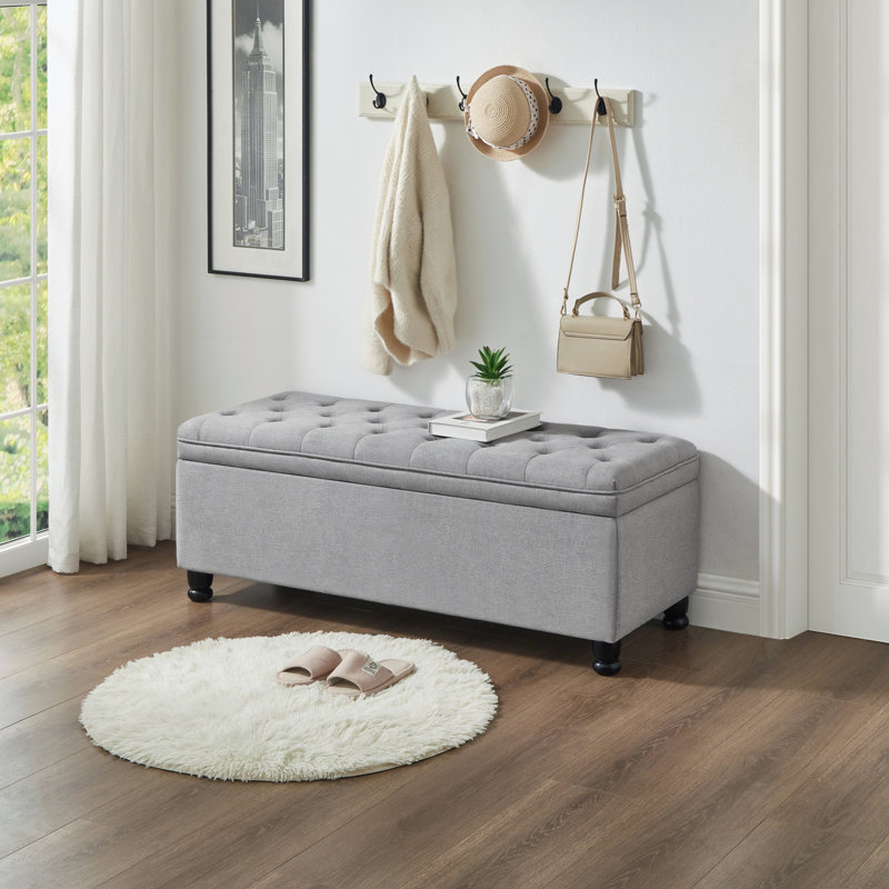 Meshell Linen Blend Upholstered Storage Bench, Light Gray