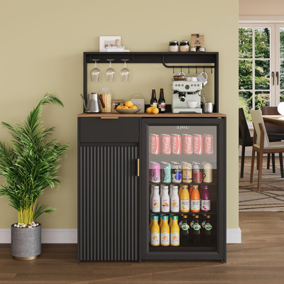 Multifunctional Refrigerator Cabinet with Adjustable Shelves, Built-in Wine Glass Rack, and Storage Drawer, Space-Saving Side Unit for Kitchen, Dining Room, and Living Area, Fits Next to Upright Freezers and Compact Refrigerators, Black