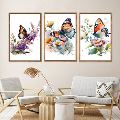 Grandes impressions murales encadrées sur toile papillon et fleurs pour chambre à coucher