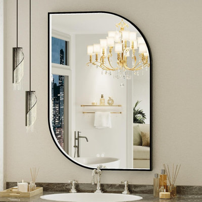 Miroir de salle de bain 24 po x 36 po à DEL avec lumières, miroir de salle de bain mural asymétrique illuminé avec cadre noir, anti-buée, à intensité variable