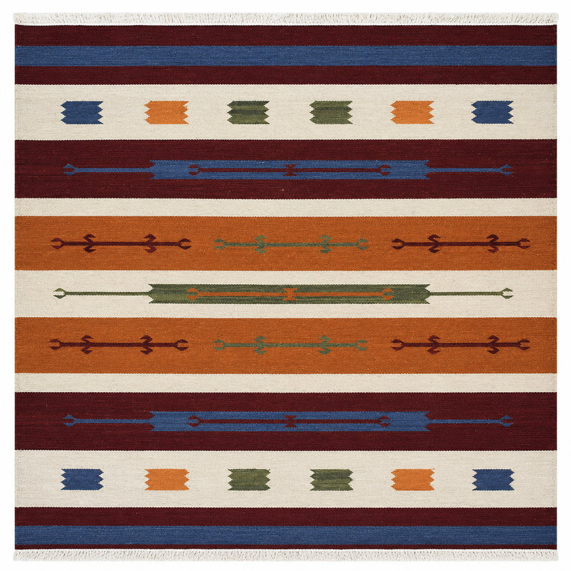 Tapis Clare tissé à plat en laine Kilim écologique - 3 m x 3 m, carré, multicolore, design moderne et contemporain, tapis à poils courts faits main pour salon, chambre