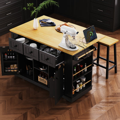 53inch Rolling Kitchen Island With Internal Storage Rack, 2 Lockable Wheels, Black For Bedroom Countertop, Door Storage, 3 Ac Outlets, Office